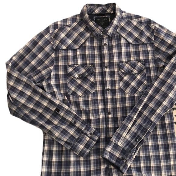 Guess 1981 Los Angeles Western Plaid Shirt Sz. L Pearl Snap Blue Chest Pockets - Picture 1 of 7